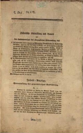 Historische Entwicklung und Beweis aus den Landesverträgen des Herzogthums Würtemberg, daß 1) des regierenden Herrn Herzogs zu Würtemberg Durchlaucht die Verbindlichkeit haben, gegen den von dem Lande in Kriegs- und Friedenszeiten receßmäßig zu entrichtenden Militär-Beitrag Dero ganzes regulirtes Militär ... durch freiwillige Werbung zu recrutiren ... 2) die Würtembergischen Unterthanen für das Militär ... mehr als den receßmäßigen Militärbeitrag entweder durch persönliche Kriegsdienste oder durch weitere Geldbeiträge zu leisten nicht verbunden seyen ... : Mit Beilagen von Lit. A. bis M.