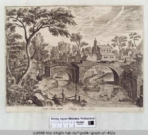 Dorf am Fluss mit Brücke