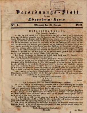 Großherzoglich badisches Verordnungsblatt für den Oberrhein-Kreis. 1852