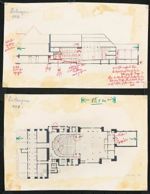 Komödienhaus, Erlangen: Grundriss und Längsschnitt