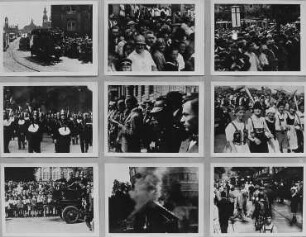 Ausstellungstafel mit Szenen aus dem Dokumentarfilm "Festzug der Dresdner Feuerwehr", 1935. Dresden, Galerie Nord. Ausstellung "Borchert, Christian, Dresden - Bilder aus Dokumentarfilmen 1913–1949"