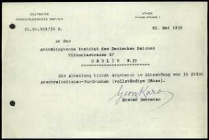 Schreiben (Abschrift); DAI Athen an AIDR (Anschreibelisten)