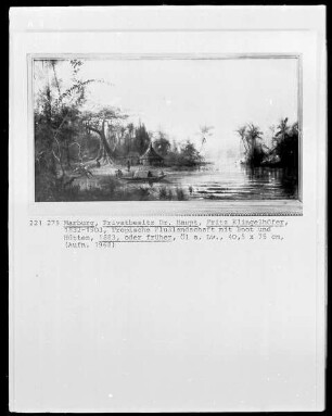 Tropische Flusslandschaft mit Boot und Hütten