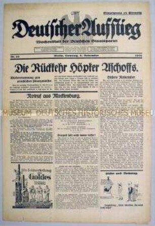 Wochenzeitung der Deutschen Staatspartei "Deutscher Aufstieg" u.a. zur Regierungsbildung in Preußen