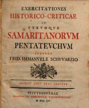 Exercitationes Historico-Criticae In Vtrvmqve Samaritanorvm Pentatevchvm