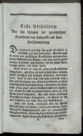 Erste Abtheilung. Von den Ursachen der gewöhnlichen Krankheiten des Landvolks und ihrer Verschlimmerung.