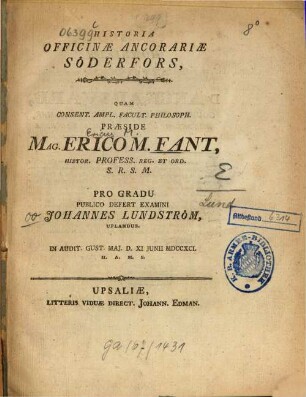 Historia offcinae ancorariae Söderforo