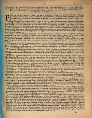 Lettre Pastorale Et Ordonnance De Monseigneur L'Archevêque Prince d'Embrun, portant condamnation d'un Ecrît qui a pour tître: Projet de Remontrances ou Mémoire pour y servir. 1732.