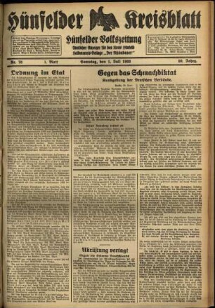 Erste Ausgabe vom Samstag, den 01. Juli 1933.