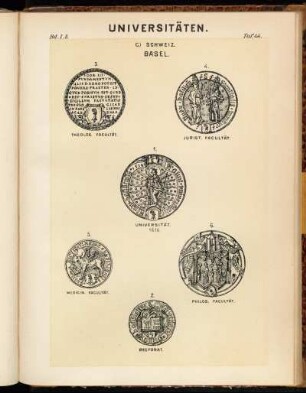 Taf. 44. Basel. 1. Universität 1516. - 2. Rectorat. - 3. Theolog. Facultät. - 4. Jurist. Facultät. - 5. Medicin. Facultät. - 6. Philos. Facultät