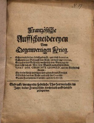 Frantzösische Auffschneidereyen Vom Gegenwertigen Krieg ...