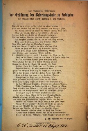 Zur feierlichsten Erinnerung der Eröffnung der Befreiungshalle zu Kehlheim bei Regensburg durch Ludwig I. von Bayern