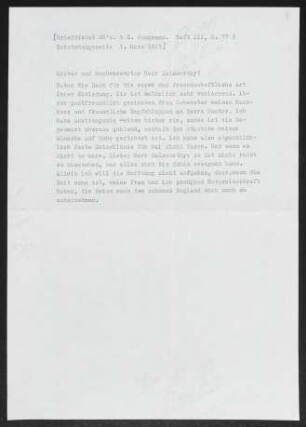 Brief von Gerhart Hauptmann an John Galsworthy