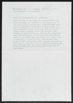 Brief von Gerhart Hauptmann an John Galsworthy