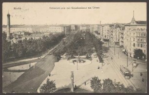 Ansichtskarte „Grimmstrasse mit Krankenhaus am Urban“
