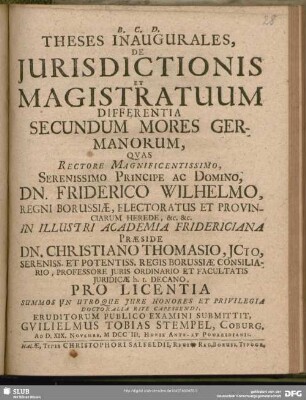 Theses Inaugurales, De Iurisdictionis Et Magistratuum Differentia Secundum Mores Germanorum