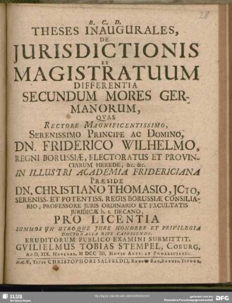 Theses Inaugurales, De Iurisdictionis Et Magistratuum Differentia Secundum Mores Germanorum