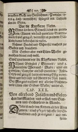 Cap. XXX. Von allerhand Zufällen und Gebrechen des Mundes/ und erstlich/ von Blattern und Geschwüren in Munde.