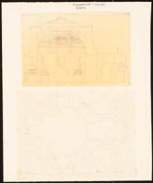 S. Georg, Thessaloniki: Durchzeichnung, zwei Blätter: Längsschnitt durch die Kuppel, Grundriss, Maßstabsleiste, nach Charles Texier und Richard P. Pullan, XXVIIII.