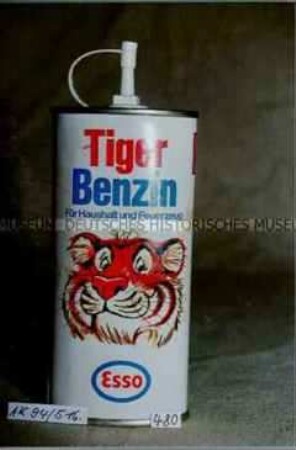Blechdose für "Tiger Benzin für Haushalt und Feuerzeug"