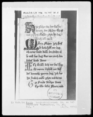 Deutscher Rosenkranz — Initialen H, M(Aria) und I(Ch), Folio 1recto