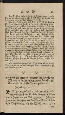 Abschrift des Briefes, welchen der Herr Doct. Münter nach der Hinrichtung des Grafen Struensee an dessen Vater geschrieben: