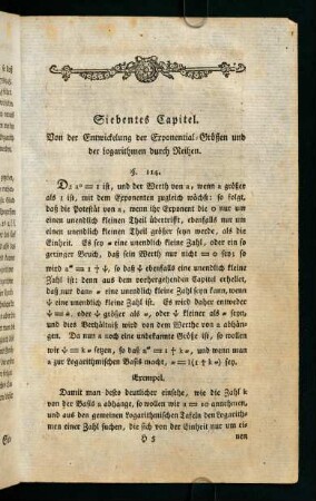 121-130, Siebentes Capitel. Von der Entwicklung der Exponential-Größen und der Logarithmen durch Reihen.