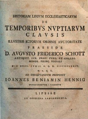 Historiam Legvm Ecclesiasticarvm De Temporibvs Nvptiarvm Clavsis