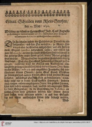 Extract-Schreiben vom Rhein-Strohm / den 19. May / 1691