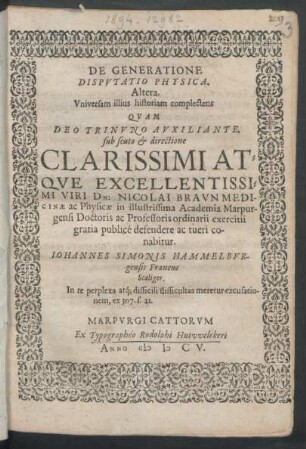 De Generatione Disputatio Physica. Altera. Universam illius historiam complectens