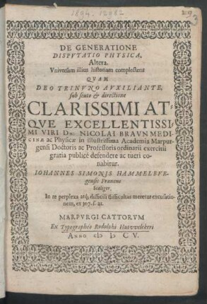 De Generatione Disputatio Physica. Altera. Universam illius historiam complectens