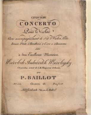 Cinquième concerto pour le violon avec accompagnement de 1er et 2d violon, alto, basse, flûte, deux hautbois, deux cors et deux bassons : oeuvre 13