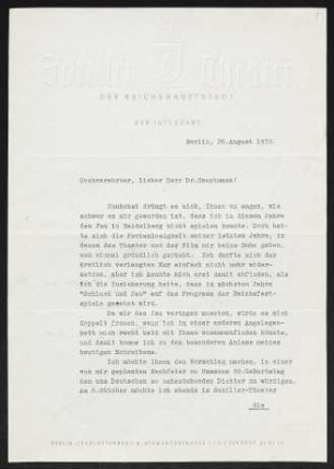 Brief von Heinrich George von Schiller-Theater  an Gerhart Hauptmann