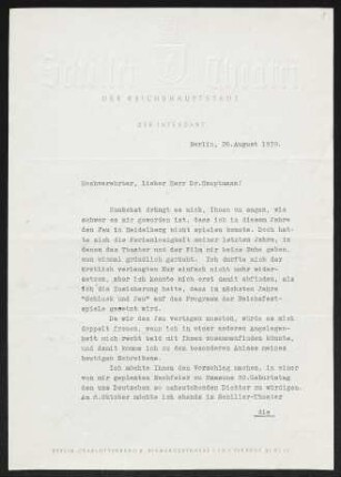 Brief von Heinrich George von Schiller-Theater <Berlin> an Gerhart Hauptmann