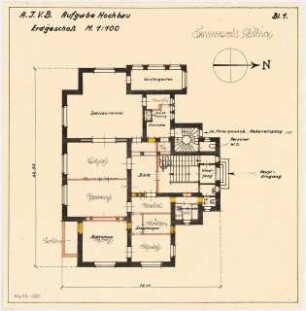 Umbau eines Landhauses Monatskonkurrenz Februar 1933: Grundriss Erdgeschoss 1:100, mit den Umbaumaßnahmen