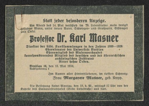 Brief von Margarete Masner an Gerhart Hauptmann