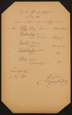 Liste "In die Genossenschaft des F.D.H. wurden in diesem Monat aufgenommen" (August 1875)