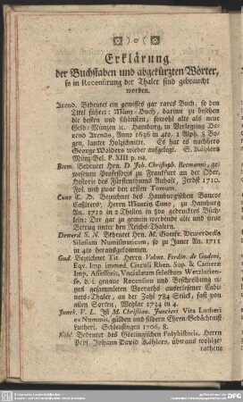 Erklärung der Buchstaben und abgekürzten Wörter, so in Recensirung der Thaler sind gebraucht worden