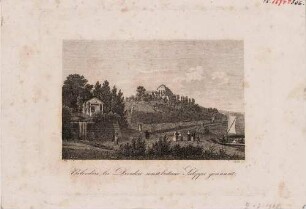 Der Ausflugsgasthof Saloppe im Fachwerkstil am rechten Elbufer zwischen Loschwitz und Dresden (1813 Bretterbude mit Ausschank, 1822 Neubau im Fachwerkstil, 1876 Neubau in neoromanischem Baustil), Zustand ohne Rahmung der Darstellung