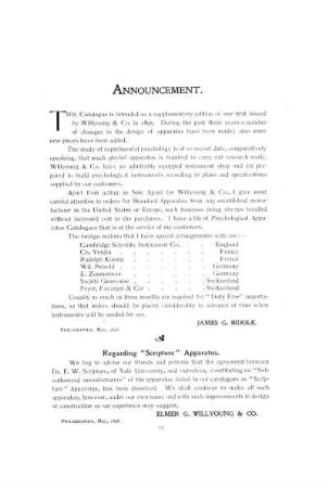 Supplementary Catalogue of Psychological and Physiogogical Apparatus: Incorporated with Catalogue issued in 1895