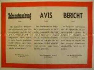 Maueranschlag für die besetzten Gebiete in Belgien mit Verordnungen der Besatzungsmacht für die Gendarmerie und Gemeindepolizei (dreisprachig)