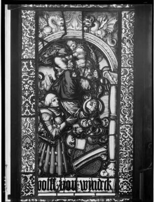 Schloß Eberstein Glasmalerei Heiliger Christopherus mit Stifter Wolf von Windeck (16. Jahrhundert) Glasfenster kam aus der Pfarrkirche von Ottersweier