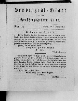 Num. 13., Ausgabe vom 16. Februar 1816