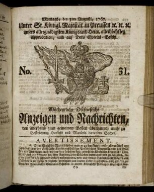 No. 31. Montags, den 3ten Augusti, 1767.