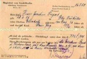 Bescheinigung über die Registrierung als "politischer Flüchtling"
