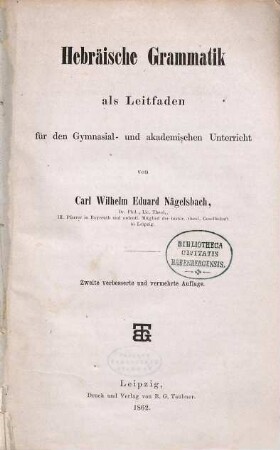 Hebräische Grammatik als Leitfaden für den Gymnasial- und akademischen Unterricht