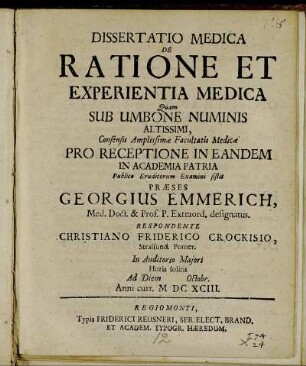 Dissertatio Medica De Ratione Et Experientia Medica