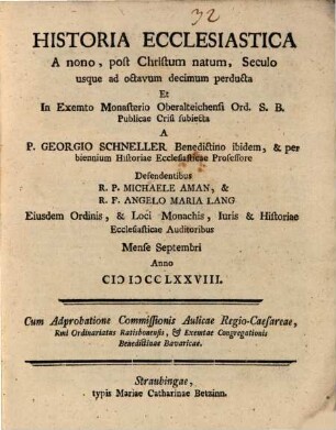 Historia ecclesiastica, a IX. post C. N. seculo usque ad XVIII. perducta