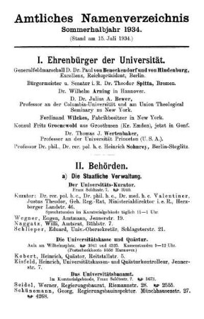 Amtliches Namenverzeichnis Sommerhalbjahr 1934.