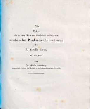 Ueber die in einer Münchner Handschrift aufbehaltene arabische Psalmenübersetzung des R. Saadia Gaon : mit einer Probe